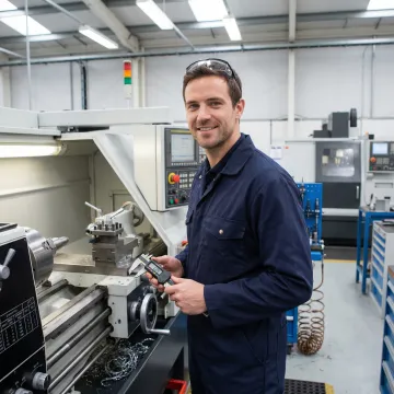 Machinist performing step-by-step lathe repair and inspection in a professional machine shop.