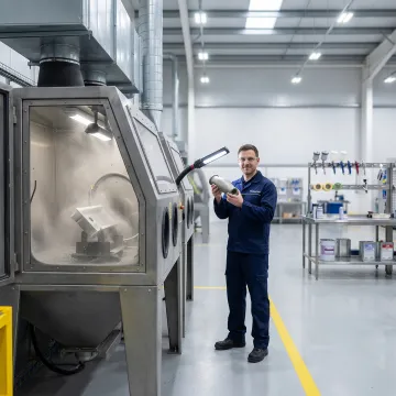 Step-by-step abrasive blasting process showing surface preparation and quality inspection in an industrial facility