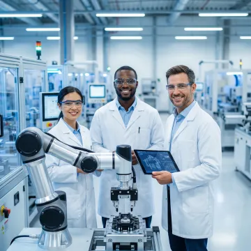 DM&E engineer programming and validating a custom robotic integration system on a factory floor