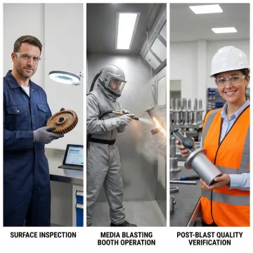 Step-by-step blast cleaning process in an industrial manufacturing facility