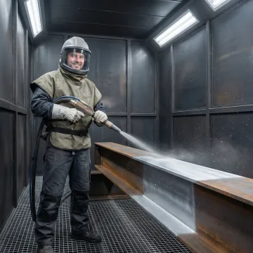 Industrial blast cleaning booth with worker blasting metal fabricated parts