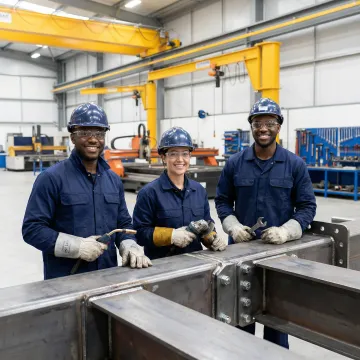 Precision metal fabrication team working on a large structural assembly in an industrial shop