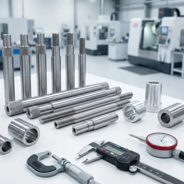 Precision-turned metal components laid out for quality inspection in a certified machine shop