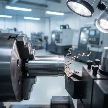 CNC lathe machine performing precision turning on a metal component in a professional machine shop