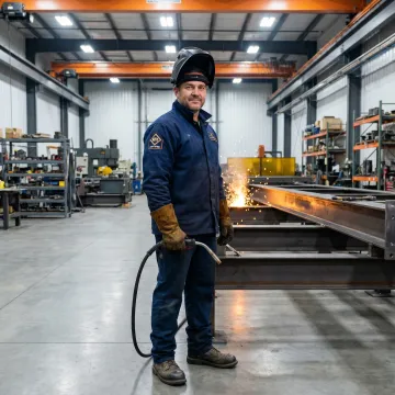 AWS-certified welder fabricating a large structural steel assembly in an industrial machine shop