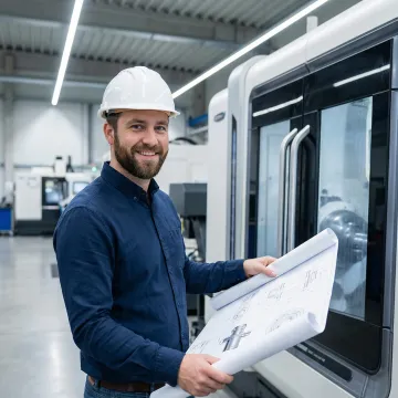 Engineer reviewing fabrication blueprints alongside a CNC machining workstation in a precision manufacturing facility