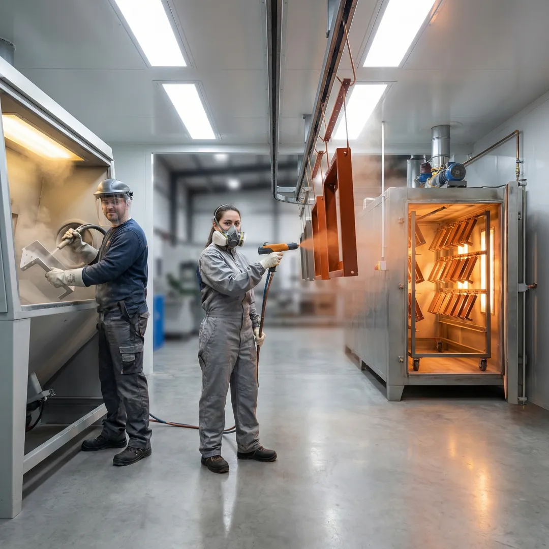Step-by-step powder coating process in an industrial manufacturing facility