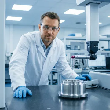 Quality inspector measuring a precision-turned metal part on a CMM machine in an ISO-certified facility