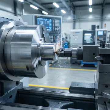 Large CNC lathe turning a heavy metal component in an industrial machine shop