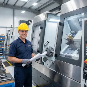 CNC machinist reviewing engineering drawings next to a large CNC lathe machine