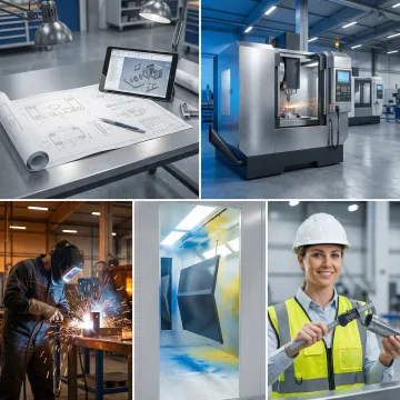 Step-by-step custom metal fabrication process inside a modern industrial manufacturing facility