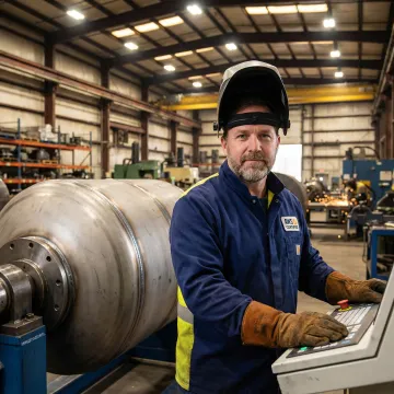 CNC welding technician performing precision automated welding on a large industrial component