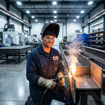 Professional metal fabricator welding a large steel component in an industrial workshop