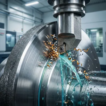 Close-up of a vertical lathe machining a large metal disc component with precision tooling