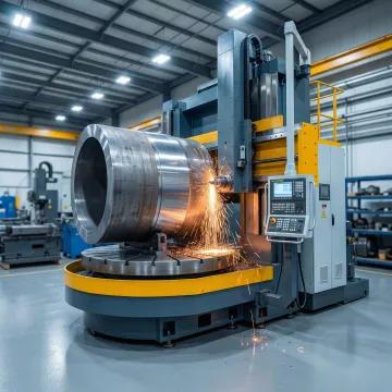 Large capacity vertical lathe machine turning a massive industrial component in a professional machine shop