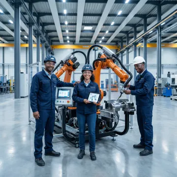 Engineers assembling and testing a custom robotic welding cell in a manufacturing facility