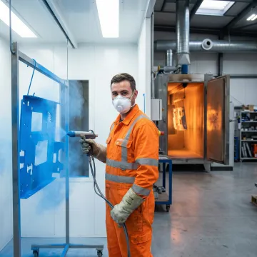 Professional powder coating technician applying durable thermoset finish to a metal fabricated assembly