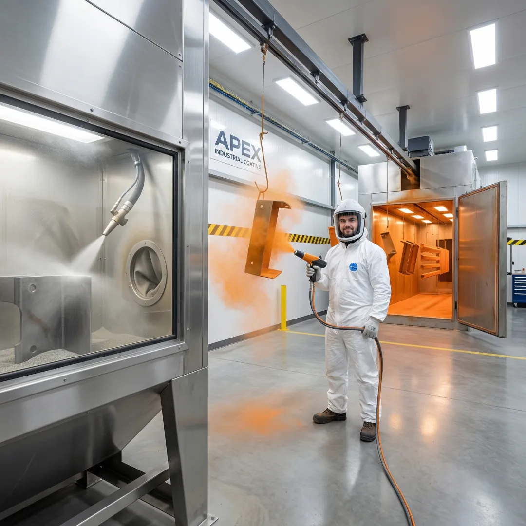 Step-by-step powder coating process showing surface preparation, application, and oven curing of metal parts