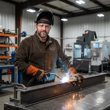 Professional welder working on a precision metal fabrication in an industrial machine shop