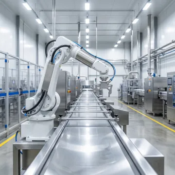 Custom robotic integration system installed in a food and beverage production facility