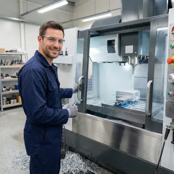 CNC machinist operating precision milling equipment in a Minnesota contract machine shop