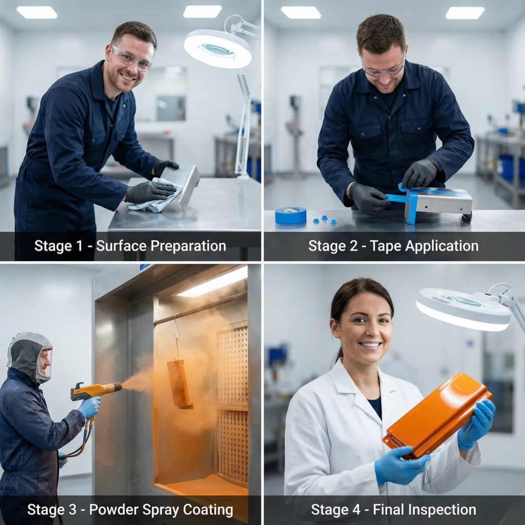 Step-by-step powder coating masking process in an industrial paint shop