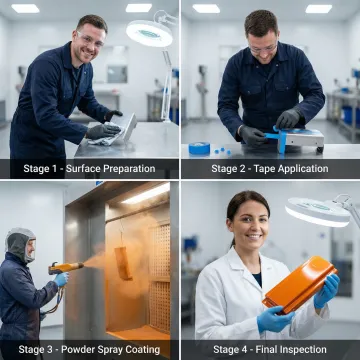 Step-by-step powder coating masking process in an industrial paint shop