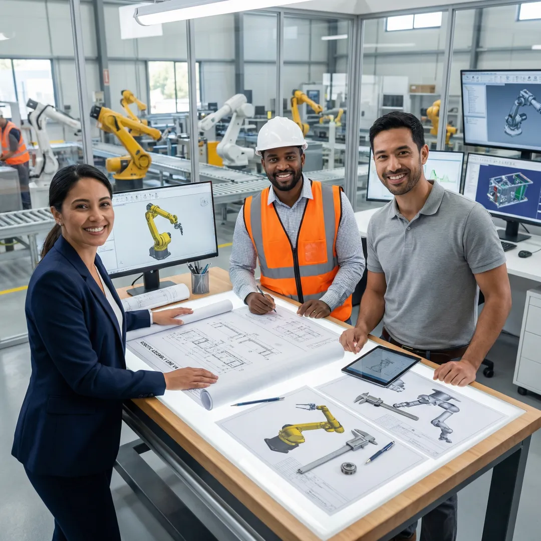 Engineering team reviewing robotic system integration plans for an automotive plant