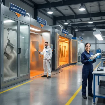 Step-by-step industrial coating process showing blast preparation and powder coat application on metal parts
