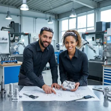 Engineering team reviewing robotic integration design plans in a manufacturing facility