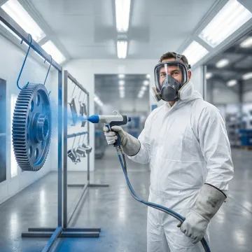 Industrial powder coating technician applying thermoset powder finish to fabricated metal parts in a professional coating facility