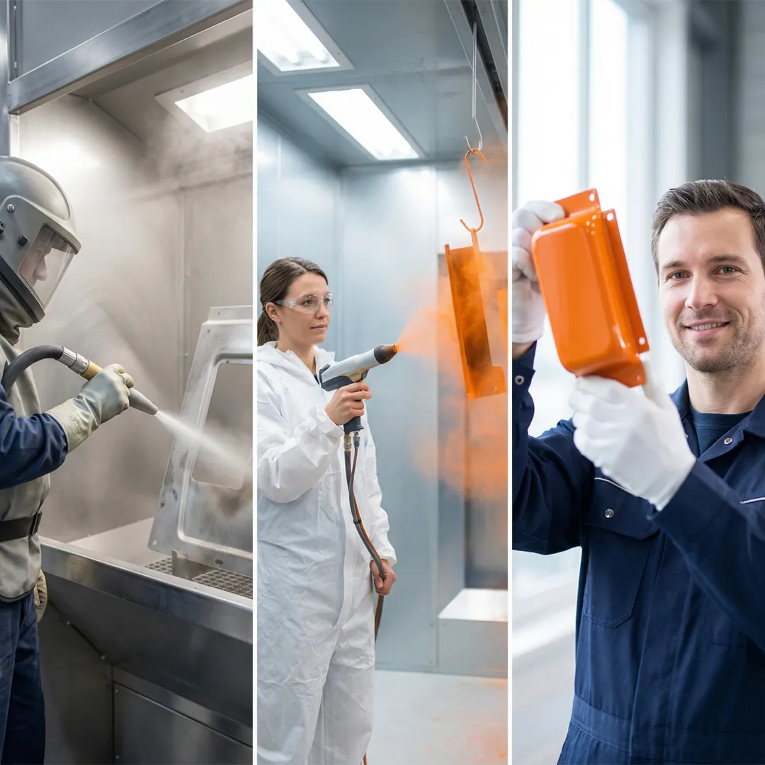 Step-by-step industrial coating process showing surface preparation, powder coating application, and quality inspection