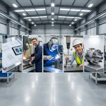 Step-by-step welding and fabrication workflow in a professional manufacturing shop