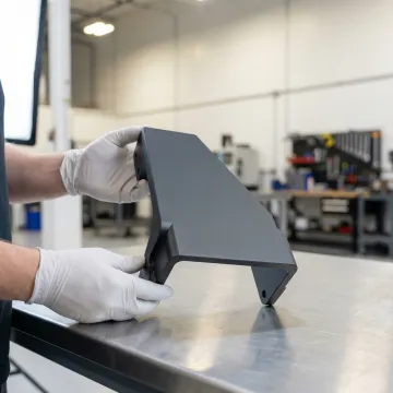 Close-up of powder-coated industrial metal assembly with smooth, durable finish in a manufacturing facility