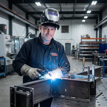 Skilled welder performing precision custom welding in an industrial machine shop