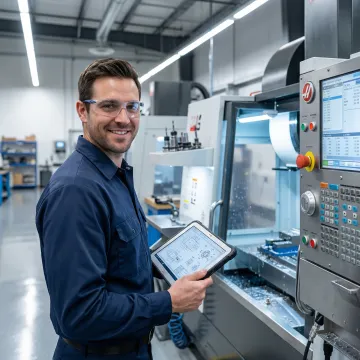 CNC machinist programming a precision milling machine in a modern machine shop