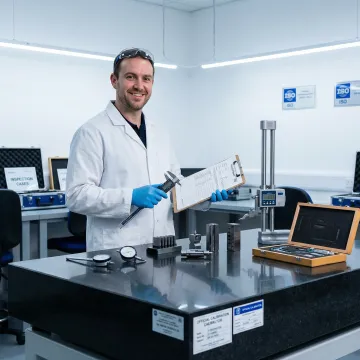 Quality inspector reviewing dimensional verification results on a certified granite table