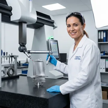 Precision CMM inspection of a machined metal component in an industrial quality control lab