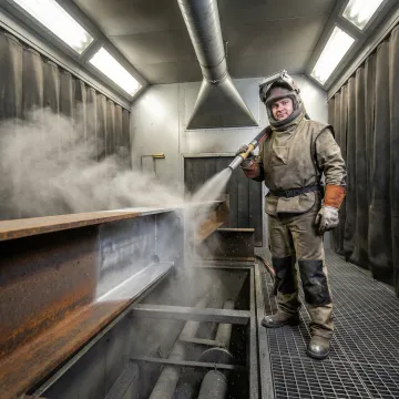 Professional abrasive blasting technician preparing a metal surface in an industrial blast booth