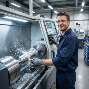 Precision lathe machining of a metal component in a CNC machine shop