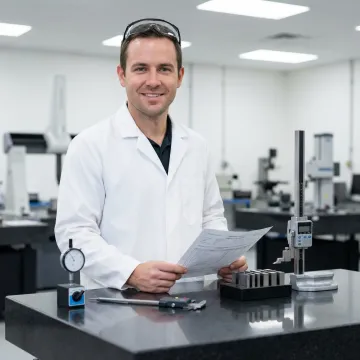 Quality inspector reviewing first article inspection documentation on a certified granite inspection table