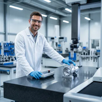 Industrial quality inspector using CMM equipment to verify machined component dimensions in a precision manufacturing facility
