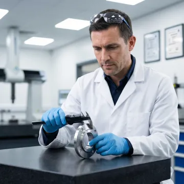 Quality control inspector measuring a precision machined component on a granite surface plate in an industrial facility