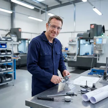 Machinist inspecting a precision CNC machined component using a measurement gauge in a manufacturing facility