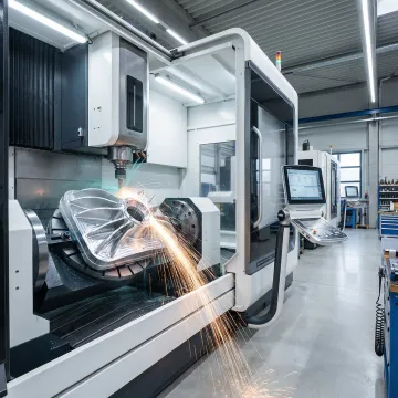 Precision CNC milling machine cutting a metal component with tight tolerances in a California machine shop