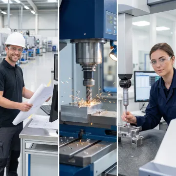 CNC milling process steps showing machining, inspection, and finishing of precision metal parts