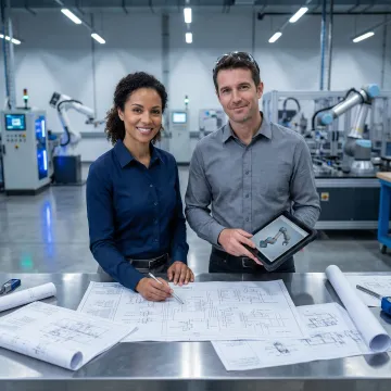 Engineering team reviewing robotic integration blueprints for an appliance manufacturing line