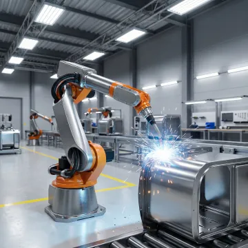 Robotic arm performing precision welding on an appliance manufacturing assembly line