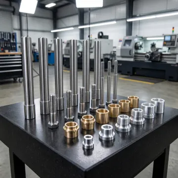 Precision CNC turned parts laid out for quality inspection in a certified machine shop