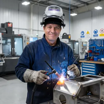 Professional welder performing custom metal fabrication in an industrial shop